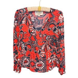 Rory Beca Womens Floral Tassel All Over Print Blouse XS Red Indie Boho Folk Art